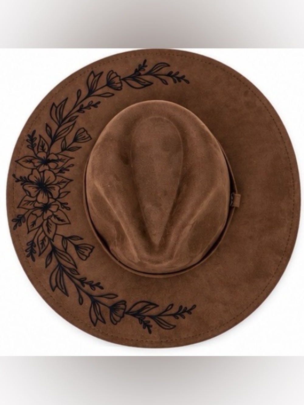 Brown Floral-Embroidered Suede Hat